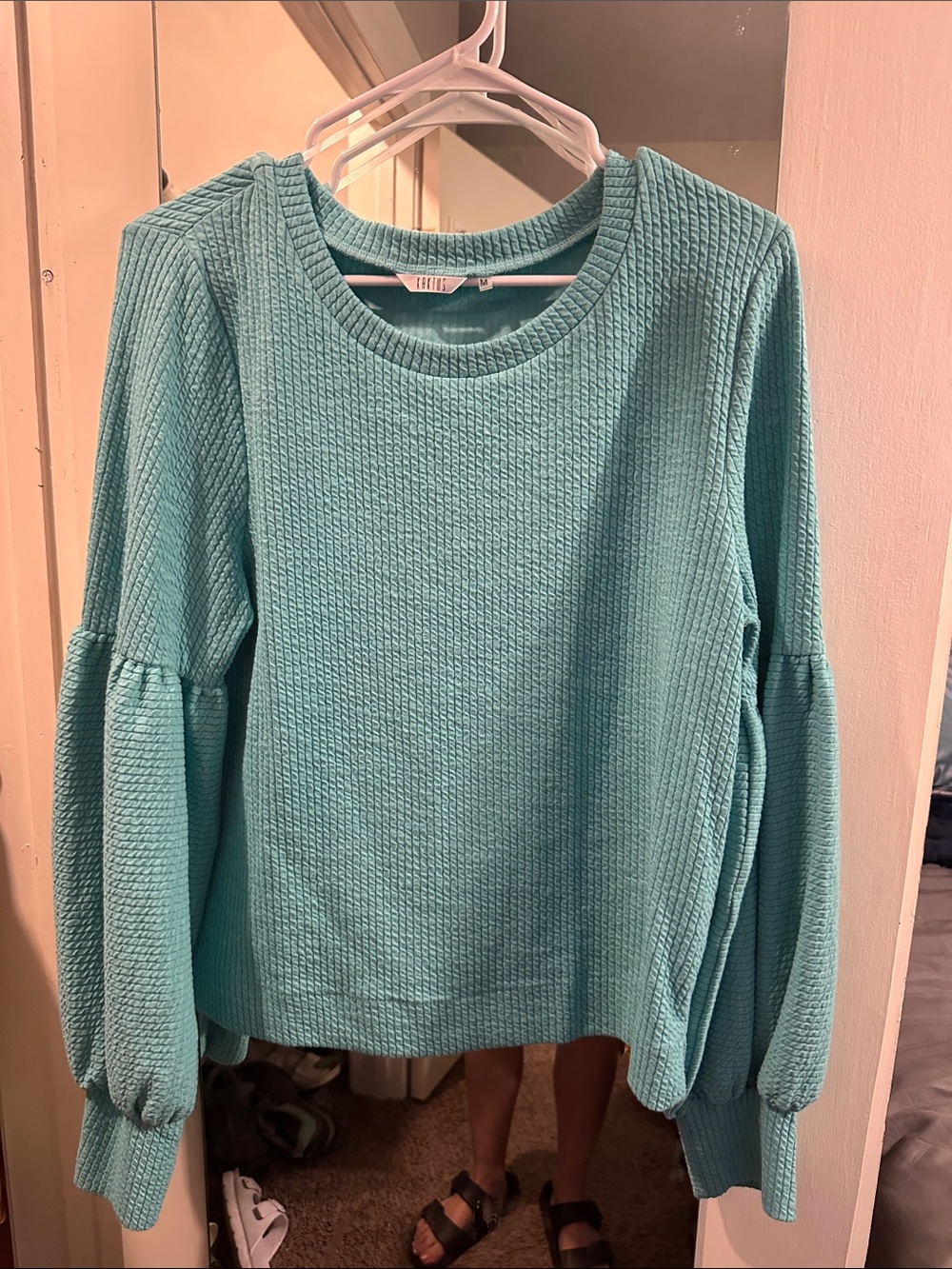 Kaktus Teal Textured Balloon Sleeve Sweatshirt